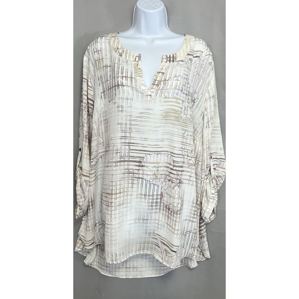 Cato Women's White Grid Pattern Long Sleeve Blouse Sz‎ 26-28W Excellent Conditi